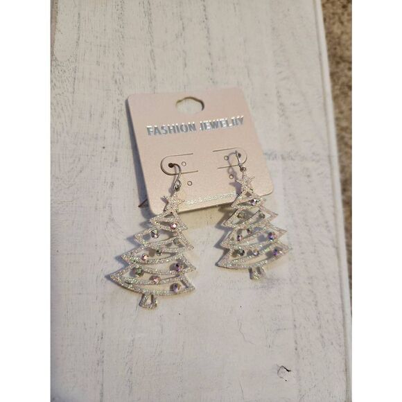 No Brand Jewelry - White Glitter Christmas Tree Earrings